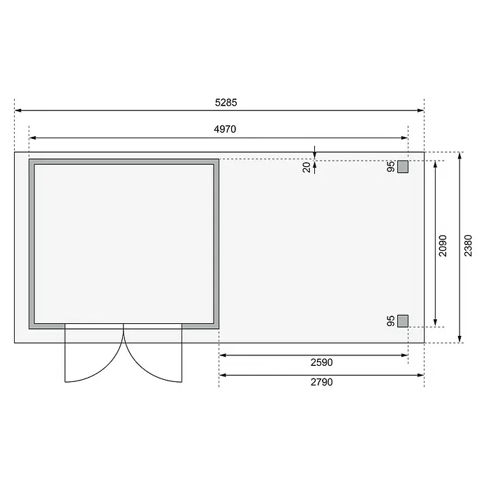 Karibu Gartenhaus Askola - Außenmaß inkl. Dachüberstand (B x T): 528,5 x 238 cm, Holz, Natur, Mit Anbau, Rück- und Seitenwand - Grundrisszeichnung eines Gebäudes mit detaillierten Maßangaben, die die räumliche Anordnung und Größe der einzelnen Bereiche veranschaulichen.