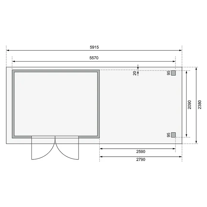 Karibu Gartenhaus Askola - Außenmaß inkl. Dachüberstand (B x T): 591,5 x 238 cm, Holz, Natur, Mit Anbau, Rück- und Seitenwand - Grundrisszeichnung eines Hauses mit Maßen. Die Zeichnung zeigt die Raumaufteilung und die Abmessungen des Gebäudes.