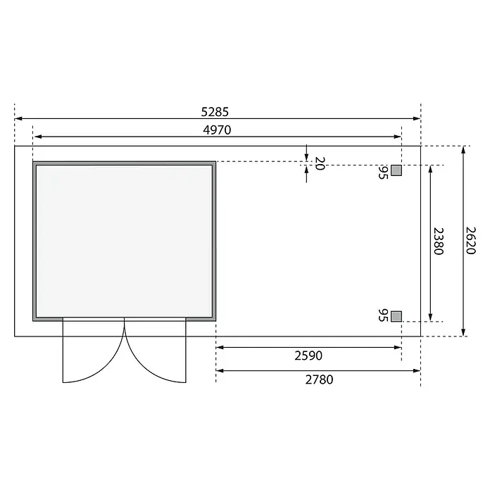 Karibu Gartenhaus Askola - Außenmaß inkl. Dachüberstand (B x T): 528,5 x 262 cm, Holz, Natur, Mit Anbaudach - Detaillierte Bauzeichnung eines Gartenhauses mit präzisen Maßangaben zu Wänden, Türen und der Gesamtstruktur.