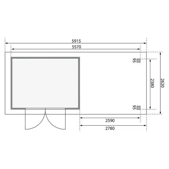 Karibu Gartenhaus Askola 5 - Außenmaß inkl. Dachüberstand (B x T): 591,5 x 262 cm, Holz, Natur, Mit Seitendach, Rück- und Seitenwand - Grundriss eines Gebäudes mit detaillierten Maßangaben. Zeigt die Abmessungen des Raumes und die Position von Elementen.