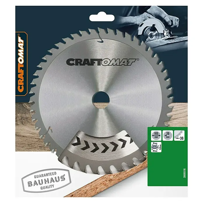 Craftomat Disco de sierra HM - 165 mm, Orificio: 20 mm, Número de dientes: 36 ud. - Imagen de una hoja de sierra circular Craftomat adecuada para cortar diversos materiales de madera.