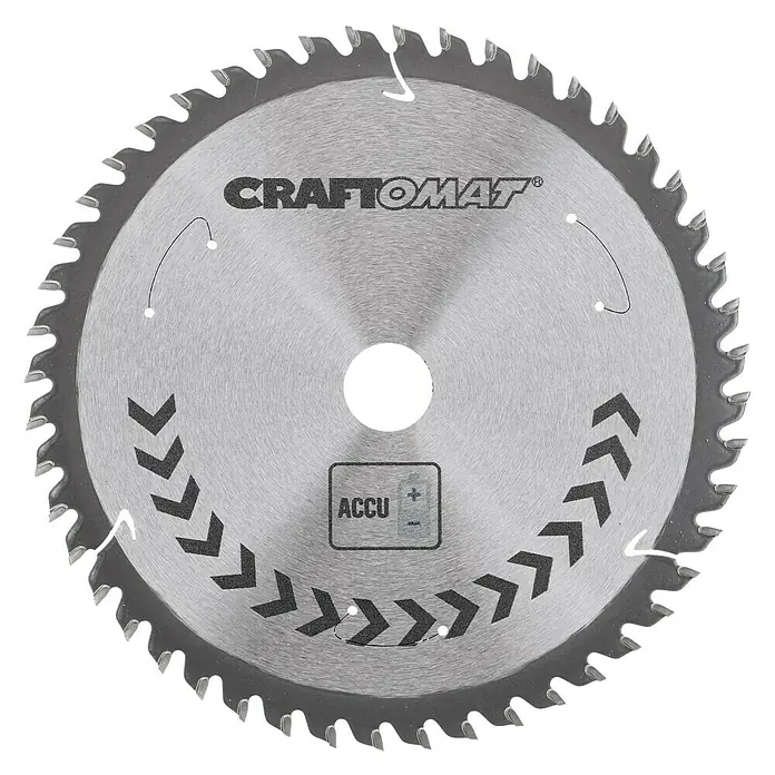 Craftomat Kreissägeblatt Accu Holz - 165 mm, Bohrung: 20 mm, Anzahl Zähne: 48 Stk. - Nahaufnahme eines Craftomat-Sägeblatts, das für präzise Schnitte konzipiert ist.\n