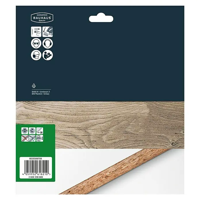 Craftomat Kreissägeblatt Holz - 165 mm, Bohrung: 20 mm, Anzahl Zähne: 36 Stk. - Produktverpackung eines BAUHAUS-Holzprodukts mit Größenangaben und Sicherheitshinweisen.