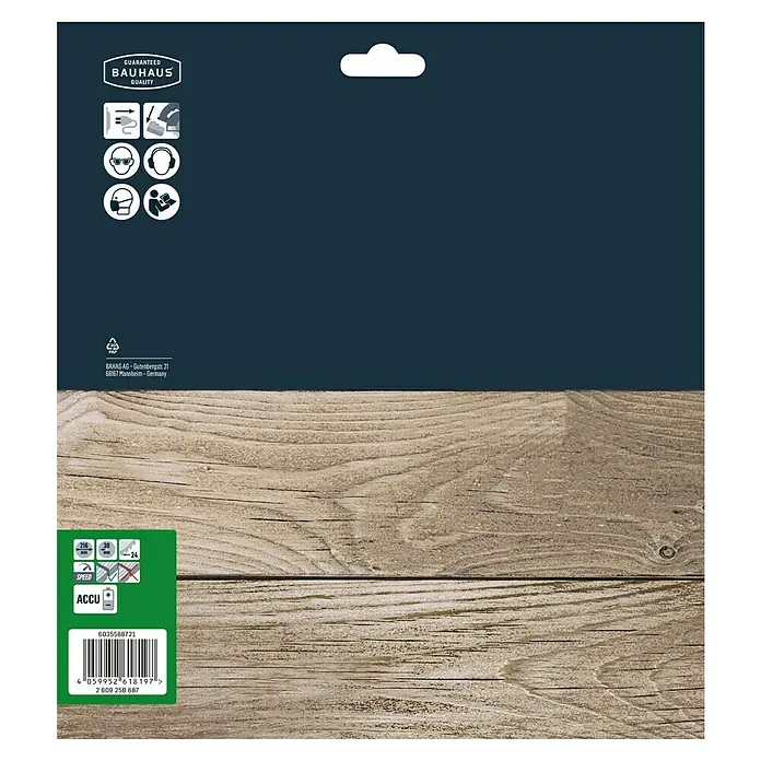 Craftomat Disco de sierra Accu Madera - 216 mm, Número de dientes: 24 ud. - Primer plano de los detalles del embalaje del producto BAUHAUS, que anuncia su calidad garantizada, compatibilidad ACCU y opciones de velocidad.
