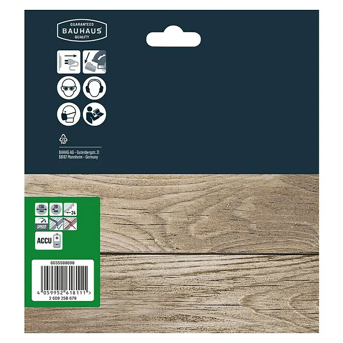 Craftomat Disco de sierra Accu Madera - 136 mm, Número de dientes: 24 ud. - Embalaje del producto con sello de calidad Bauhaus, código de barras y precauciones de seguridad.