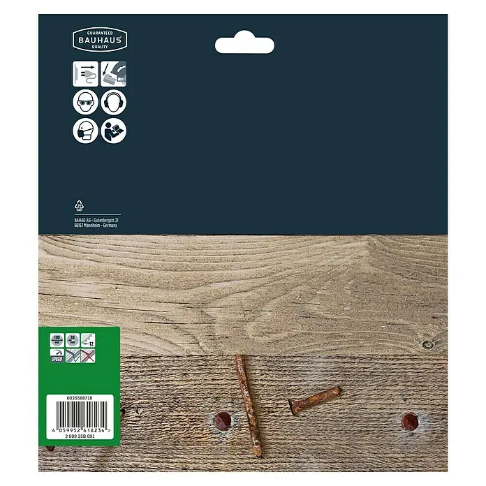 Craftomat Disco de sierra HM - 190 mm, Orificio: 30 mm, Número de dientes: 12 ud. - Embalaje del producto Bauhaus que muestra pautas de calidad y seguridad.