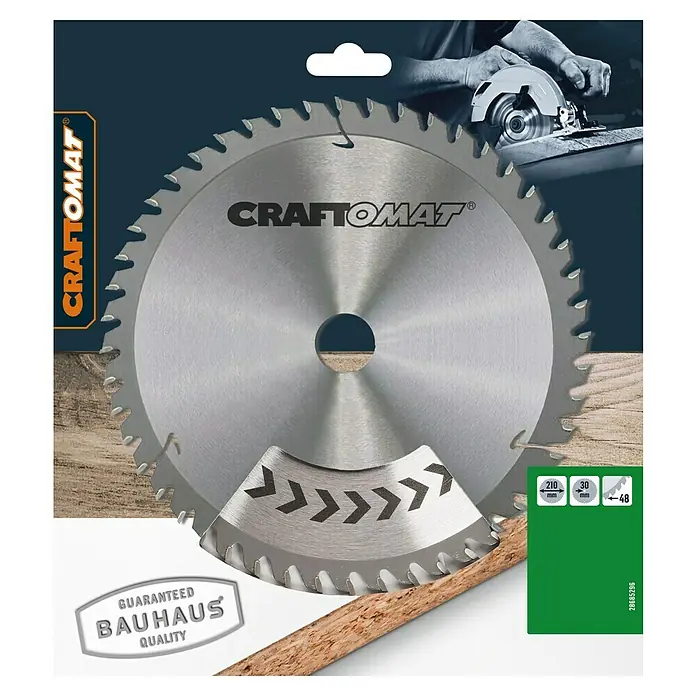 Craftomat Kreissägeblatt Holz - 210 mm, Bohrung: 30 mm, Anzahl Zähne: 48 Stk. - Nahaufnahme eines CRAFTOMAT Sägeblatts, ideal für präzise Holzschnitte. Robuste Qualität für anspruchsvolle Projekte.