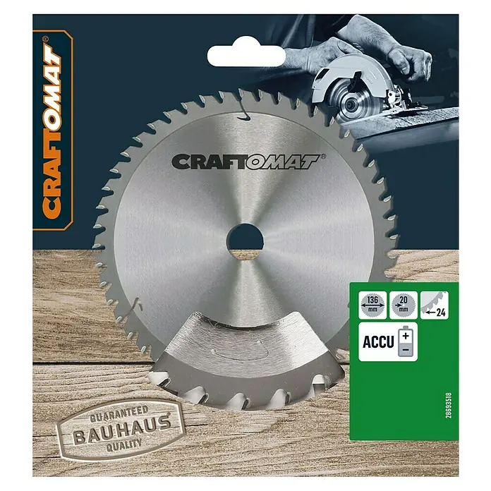 Craftomat Kreissägeblatt Accu Holz - 136 mm, Bohrung: 20 mm, Anzahl Zähne: 24 Stk. - Kreissägeblatt von CRAFTOMAT, ideal für Akku-Kreissägen. Durchmesser 136 mm, 20 mm Bohrung, 24 Zähne für präzise Schnitte in Holz und ähnlichen Materialien.