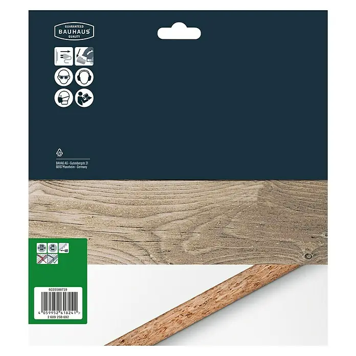 Craftomat Disco de sierra HM - 210 mm, Orificio: 30 mm, Número de dientes: 48 ud. - Primer plano de un producto de madera de Bauhaus, con información del fabricante e indicaciones de seguridad en el embalaje.
