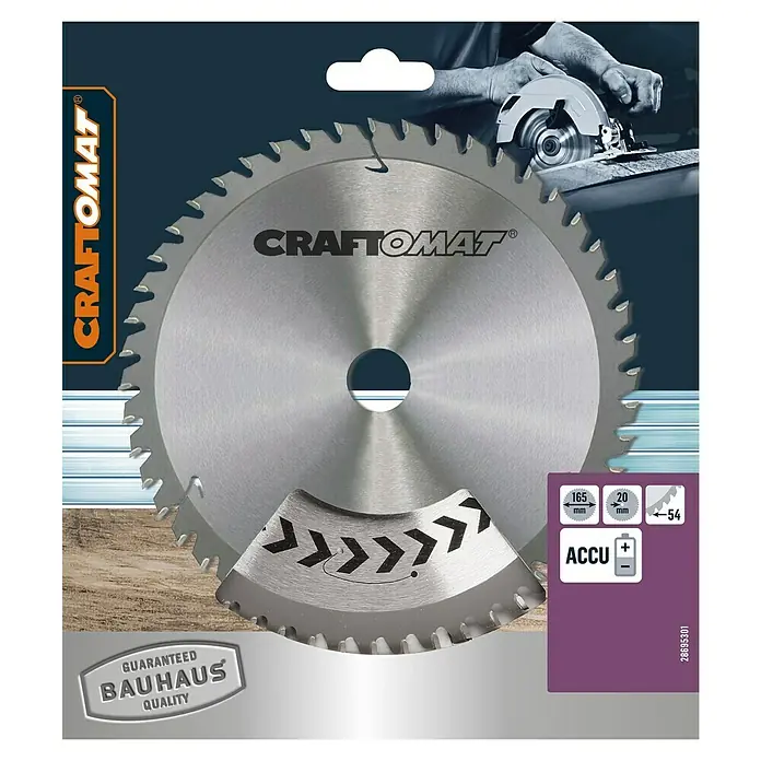 Craftomat Kreissägeblatt Accu Alu - 165 mm, Bohrung: 20 mm, Anzahl Zähne: 54 Stk. - Nahaufnahme eines Craftomat-Kreissägeblatts, ideal zum präzisen Schneiden. Bauhaus-Qualität für langlebige Leistung.