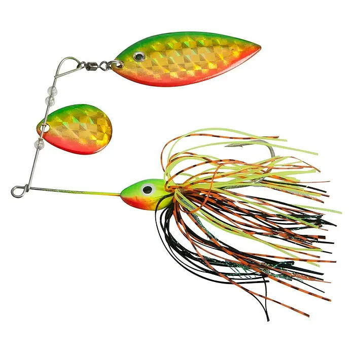 Westline Spinnerbait - FT, 16 g, 3D-Augen - Detailaufnahme eines auffälligen, mehrfarbigen Spinnerbaits, ideal zum Angeln. Seine Farben und das Design sind perfekt für Raubfische.