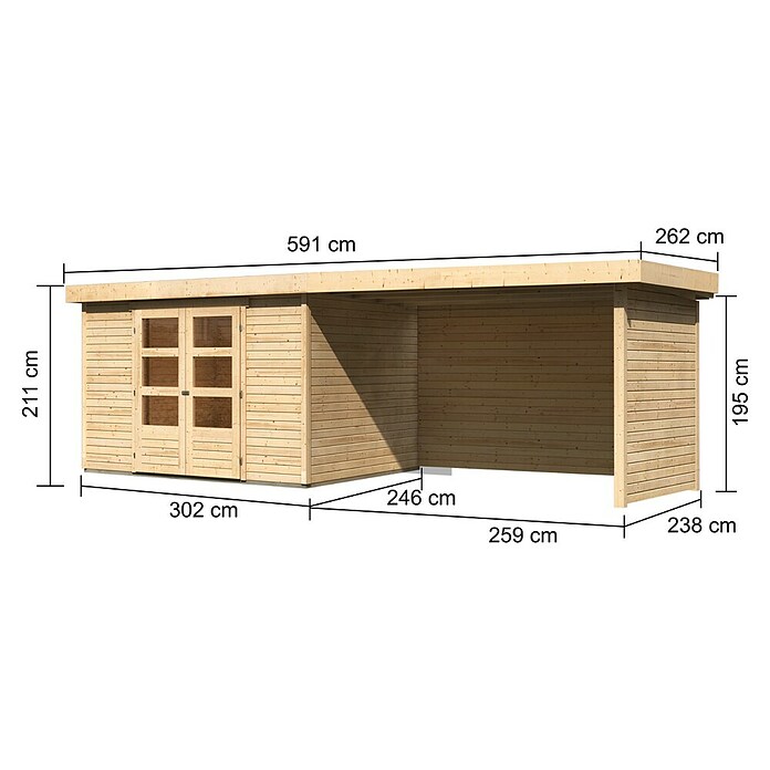 Karibu Gartenhaus Askola (L x B: 246 x 557 cm, Wandstärke: 19 mm, Flachdach, Natur, Mit Anbau, Seiten- & Rückwand)