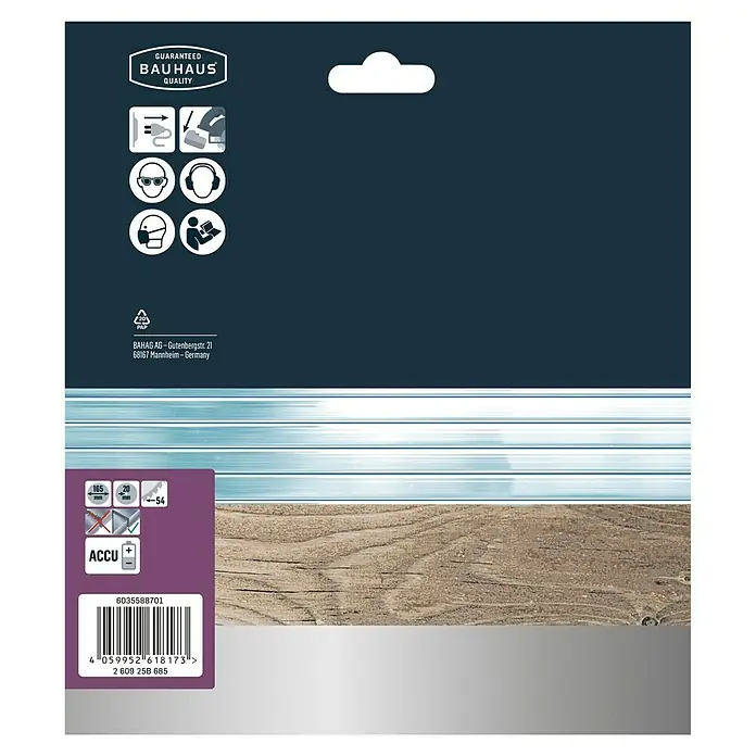 Craftomat Disco de sierra Accu Madera y Metal - 165 mm, Orificio: 20 mm, Número de dientes: 54 ud. - Embalaje del producto con sello de calidad Bauhaus, detalles de tamaño y código de barras para la venta al por menor, ideal para aficionados al bricolaje.