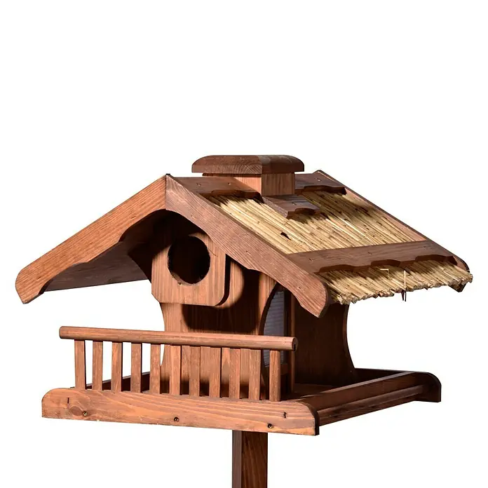 Luxus Vogelhaus Vogelhaus - 54 x 53 x 157,5 cm, Holz, Natur/Braun - Hochwertiges, hölzernes Vogelhaus mit Strohdach und Futterplatz, ideal für den Garten und zur Vogelfütterung.