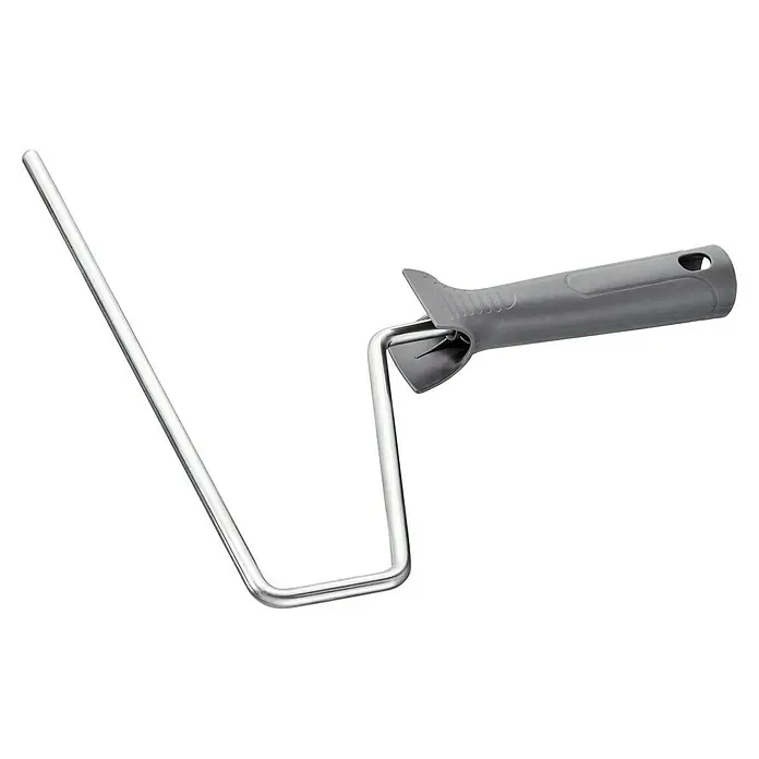 Farbroller-Bügel - Bügellänge: 28 cm, Geeignet für: Walzen 25 cm, Bügelstärke: 8 mm - Bild eines Farbrollerbügels mit grauem Griff und Metallrahmen. Ein Werkzeug zum Streichen.