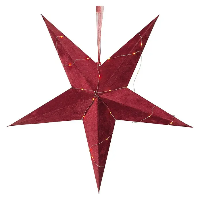 Eglo Estrella LED Velvet - 60 cm, Rojo, Color de luz: Blanco cálido - Un primer plano de una estrella festiva, color vino tinto, adornada con luces delicadas, que exuda un ambiente navideño cálido y acogedor.