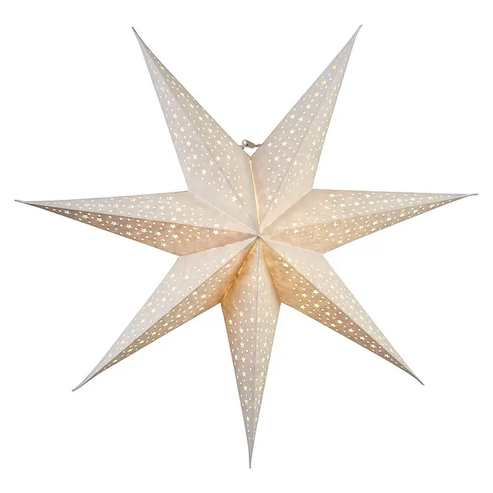 Eglo Estrella LED Blinka - 60 cm, Blanco - Primer plano de una estrella de papel iluminada de siete puntas con pequeños estampados de estrellas, perfecta para adornos festivos.
