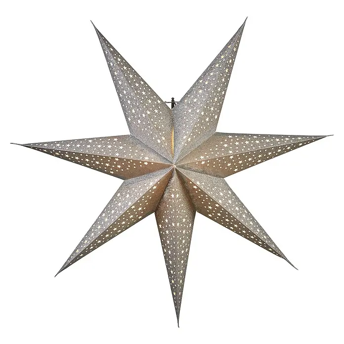 Eglo Estrella LED Blinka - 60 cm, Plateado - Primer plano de una estrella de Navidad iluminada de color plateado con delicados patrones de estrellas que irradia alegría festiva.