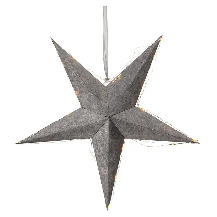 Eglo Estrella LED Velvet - 60 cm, Gris, Color de luz: Blanco cálido - Primer plano de una estrella de Navidad gris iluminada colgando de una cuerda, perfecta para decoraciones festivas.