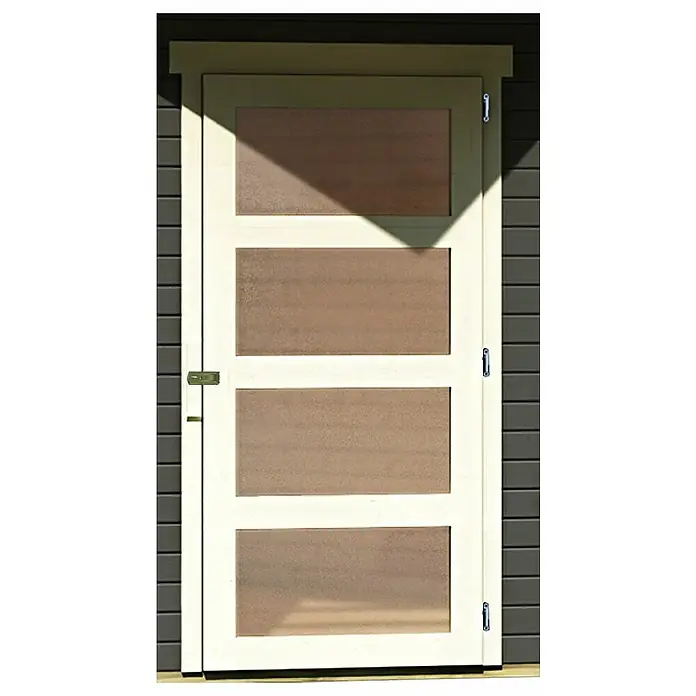 Karibu Gartenhaus Schwandorf 3 - Außenmaß inkl. Dachüberstand (B x T): 242 x 238 cm, Holz, Terragrau, Weiß - Außentür mit vier Paneelen in Holzoptik und weißem Rahmen, ideal für Gartenhäuser oder Nebengebäude, bietet Funktionalität und rustikalen Charme.