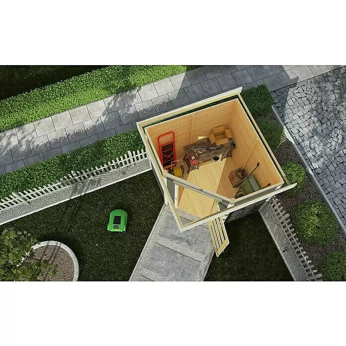 Karibu Gartenhaus Schwandorf 3 - Außenmaß inkl. Dachüberstand (B x T): 242 x 238 cm, Holz, Terragrau, Weiß - Stimmungsaufnahme