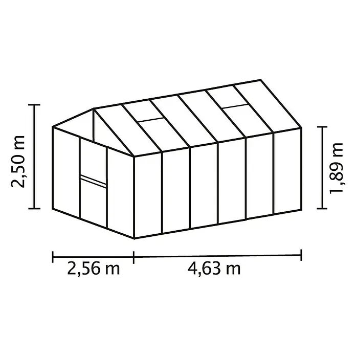 Vitavia Gewächshaus Zeus 11900 Plus - Außenmaß inkl. Dachüberstand (B x T): 256 x 465 cm, 3 mm, Schwarz - Technische Zeichnung eines Gewächshauses mit Höhen- und Breitenangaben in Metern.