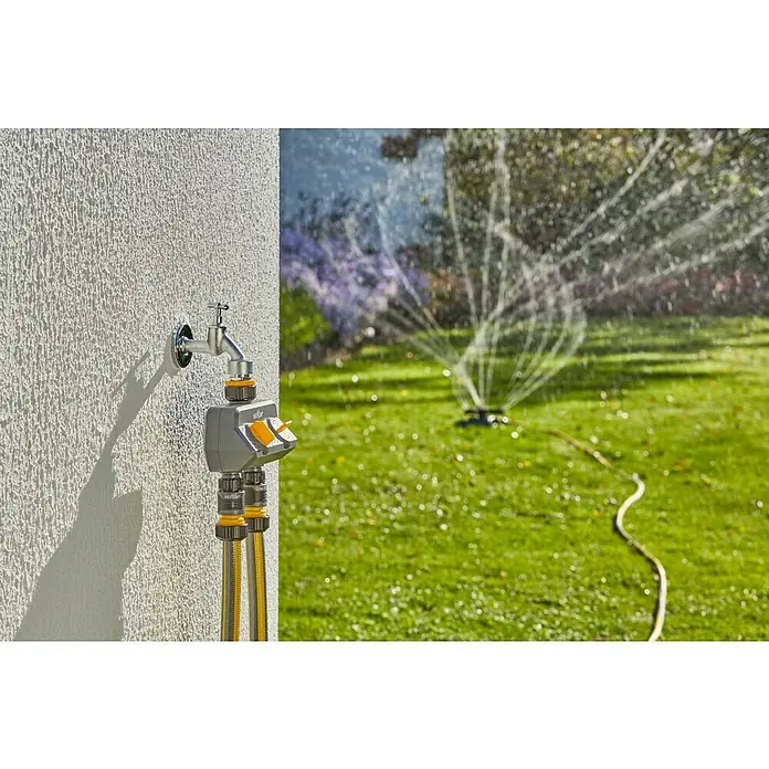 Neptun 2-Wege-Verteiler - Gewindegröße Wasserhahn: 33,3 mm (1″), 26,5 mm (¾″), 21 mm (½″) - Gartenbewässerung mit Zeitschaltuhr am Wasserhahn für eine effiziente Gartenpflege mit zwei Anschlüssen und Schlauch.