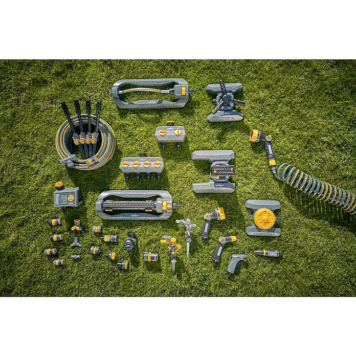 Neptun Kreisregner - Kunststoff, Max. Regnerfläche: 80 m² - Vielfältiges Set von NEPLUM-Bewässerungsprodukten, einschließlich Sprinklern, Schläuchen und Düsen, für eine umfassende Gartenbewässerung.