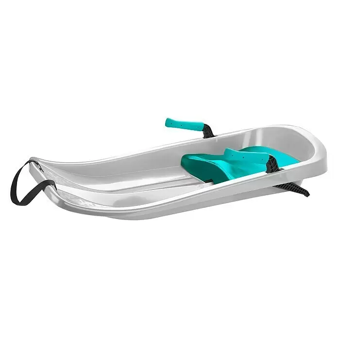 Schlitten Tron - Belastbarkeit: 50 kg, Kunststoff, Ice Blue - Weißer Kunststoff-Schlitten mit türkisfarbenem Sitz und Lenker, mit schwarzem Zugband.