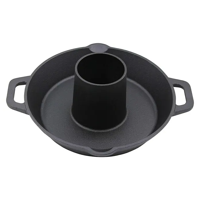 Hähnchen-Bräter - Durchmesser: 30 cm, Schwarz - Schwarzer vertikaler Bräter mit zentralem Zylinder und seitlichen Griffen auf schwarzem Hintergrund.