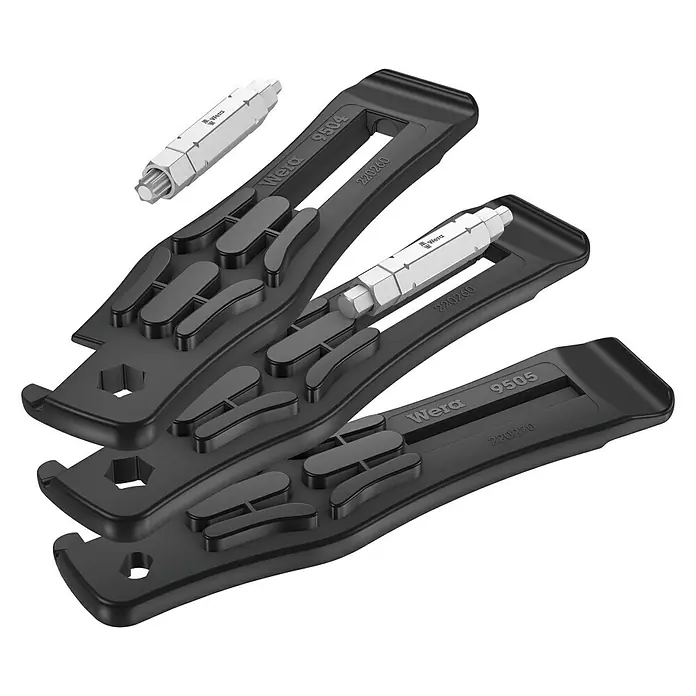 Wera Reifenheber Bicycle Set 15 - Geeignet für: Zweiräder, 5 -tlg. - Abgebildet ist ein Wera 9504 und 9505 Werkzeugsatz, bestehend aus Bit-Haltern und Bits, ideal für präzise Schraubarbeiten.