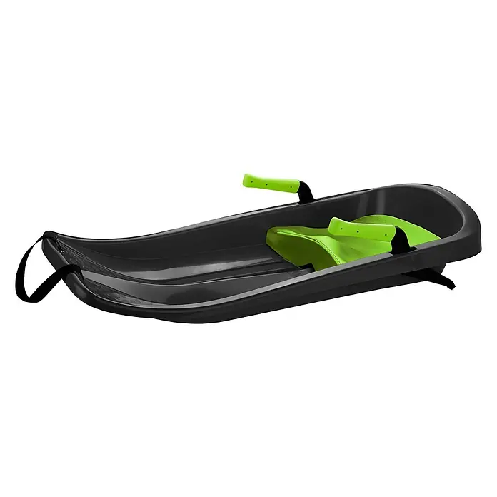 Schlitten Tron - Belastbarkeit: 50 kg, Kunststoff, Mystic Green - Ein grauer Rodelschlitten mit grünen Griffen und Sitzen, ideal für Winterspaß im Schnee.