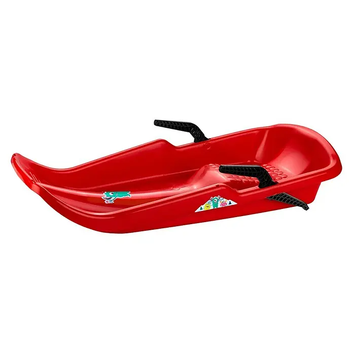 Schlitten Twister - Belastbarkeit: 50 kg, Kunststoff, Rot - Roter Schlitten mit schwarzen Griffen und bunten Aufklebern für Winterspaß im Schnee.