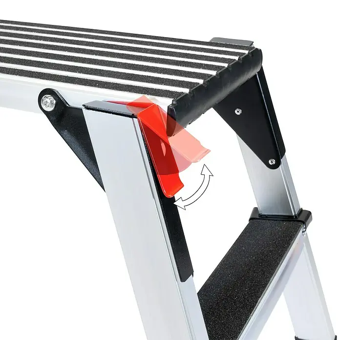 Güde Arbeitsplattform GAAP 960 - L x B x H: 127,1 x 44,6 x 49,5 cm - Nahaufnahme einer Aluminium-Trittleiter mit roter Verriegelung, die sich dreht. Ideal für Haushalt und Büro.
