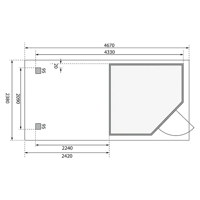 Karibu Gartenhaus Schwandorf 3 - Außenmaß inkl. Dachüberstand (B x T): 467 x 238 cm, Holz, Terragrau, Mit Anbaudach - Produktbild mit Abmessungen und Details zur Veranschaulichung des Designs. Ideal für technische Zeichnungen und Baupläne.