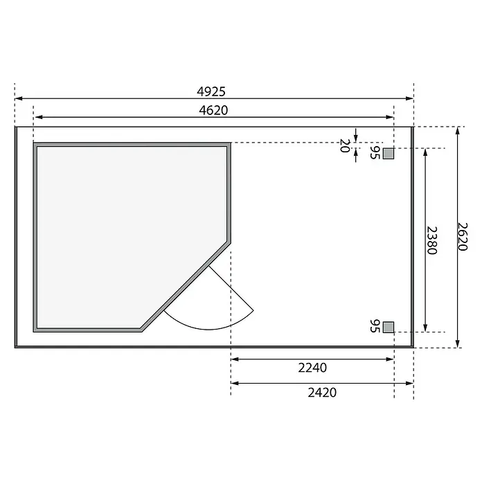 Karibu Gartenhaus Schwandorf 5 - Außenmaß inkl. Dachüberstand (B x T): 492,5 x 262 cm, Holz, Terragrau, Mit Seitendach, Rück- und Seitenwand - Grundriss des Sanitärraums mit Massangaben für die Installation von Sanitäranlagen und anderen Objekten.