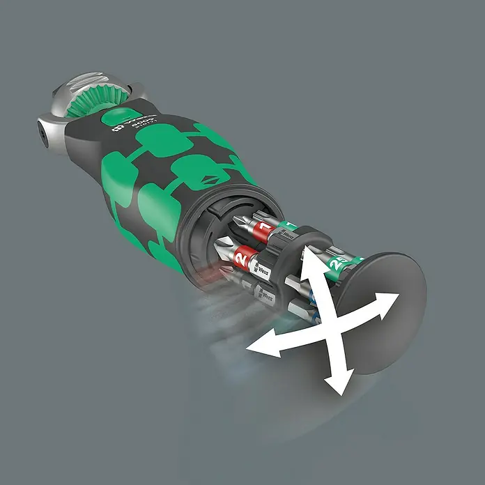 Wera Zyklop Knarrensatz Pocket 8009 - ¼″, 13 -tlg. - Bild eines Wera Schraubendrehers mit Bit-Magazin, das sich in verschiedene Richtungen öffnen lässt.