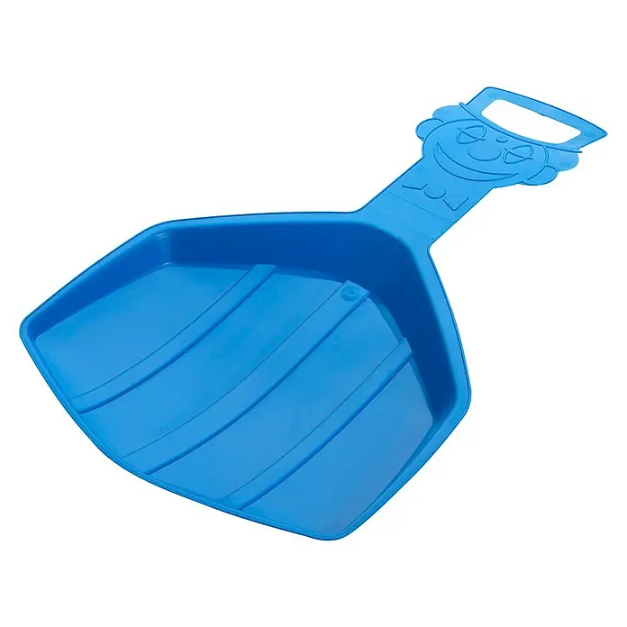 Schlitten Clown - Belastbarkeit: 50 kg, Blau - Blaue Kinderschaufel mit lustigem Gesicht am Griff, ideal für Sand oder Schnee, robust und leicht für kleine Hände.
