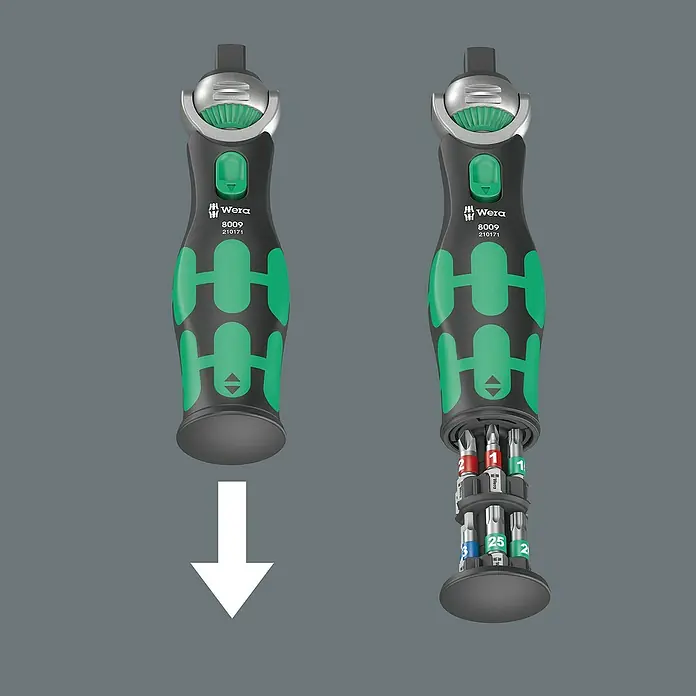 Wera Zyklop Knarrensatz Pocket 8009 - ¼″, 13 -tlg. - Wera 8009 Knarben-Bit-Halter mit Bit-Magazin, präsentiert in offener und geschlossener Position, ideal für vielfältige Schraubanwendungen.