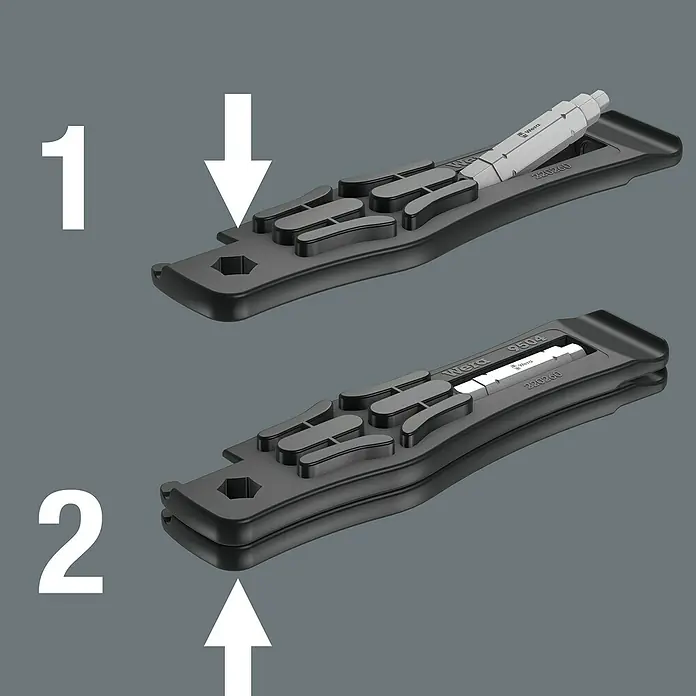 Wera Reifenheber Bicycle Set 15 - Geeignet für: Zweiräder, 5 -tlg. - Darstellung der Wera Bit-Check Halterung in zwei Schritten: Einsetzen und Stapeln der Halterungen für optimale Ordnung.