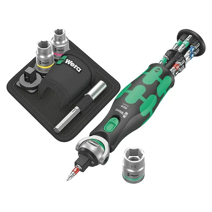 Wera Zyklop Knarrensatz Pocket 8009 - ¼″, 18 -tlg. - Produktbild eines Wera Bit-Ratsche-Satzes mit verschiedenen Bits und Stecknüssen, ideal für vielfältige Schraubanwendungen.