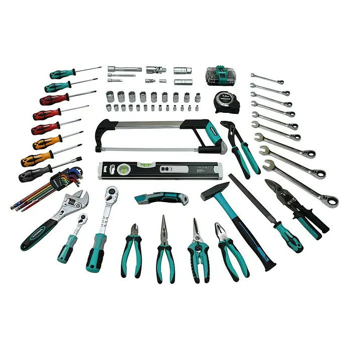 Wisent Werkzeugkoffer - L x B x H: 510 x 377 x 167 mm, 103 -tlg. - Abbildung eines Werkzeugsets mit Schraubendrehern, Zangen, Schraubenschlüsseln und anderem Handwerkzeug für Heimwerker- und Reparaturarbeiten.