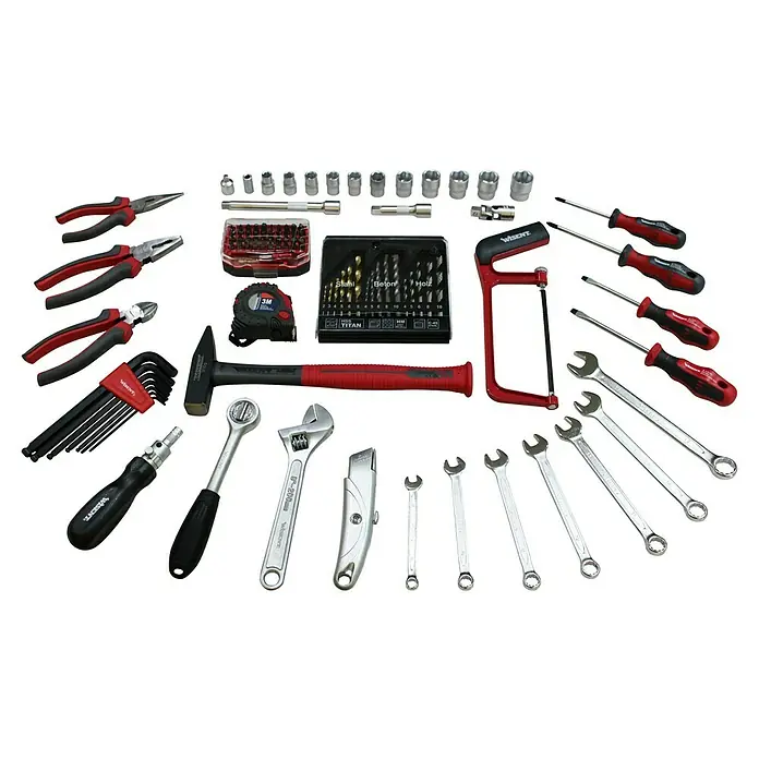 Wisent Werkzeugkoffer Basic - L x B x H: 365 x 265 x 170 mm, 91 -tlg. - Werkzeugset mit Zangen, Schraubenschlüsseln, Schraubendrehern, Hammer, Säge, Steckschlüsseln und Bits für Heimwerker und Profis.