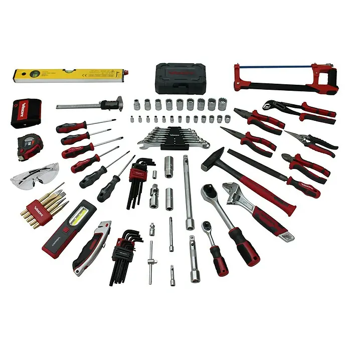 Wisent Werkzeugkoffer Professional - 160 -tlg. - Dieses Bild zeigt einen Werkzeugsatz mit Schraubenschlüsseln, Schraubenziehern, Hammer, Zangen und anderem Handwerkzeug.
