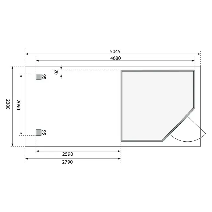 Karibu Gartenhaus Schwandorf 3 - Außenmaß inkl. Dachüberstand (B x T): 504,5 x 238 cm, Holz, Natur, Mit Seitendach, Rück- und Seitenwand - Grundrisszeichnung des Produkts mit Maßangaben für Länge, Breite und Höhe, die die räumlichen Dimensionen und Designelemente hervorheben.