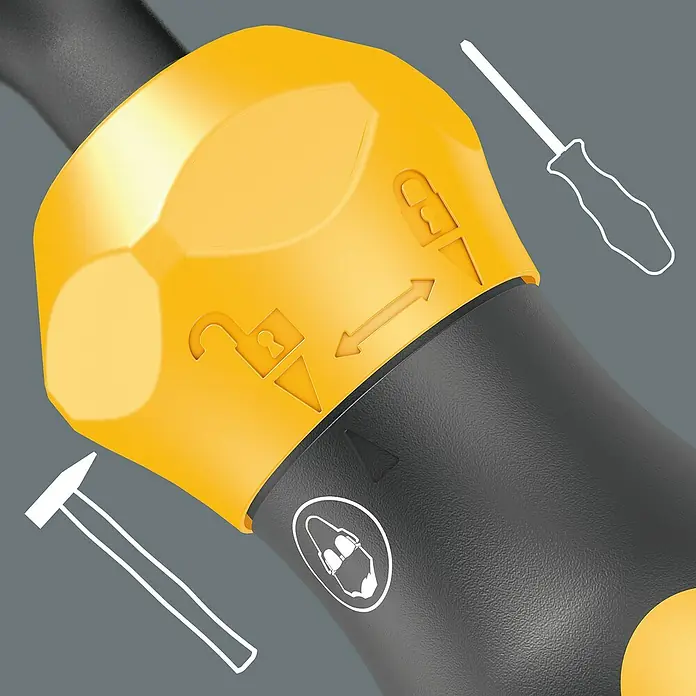 Wera Schraubendreher-Set Kraftform Kompakt - 19 -tlg. - Detailaufnahme eines Wera Werkzeugs mit gelbem Griff und Symbolen zur Bedienung.