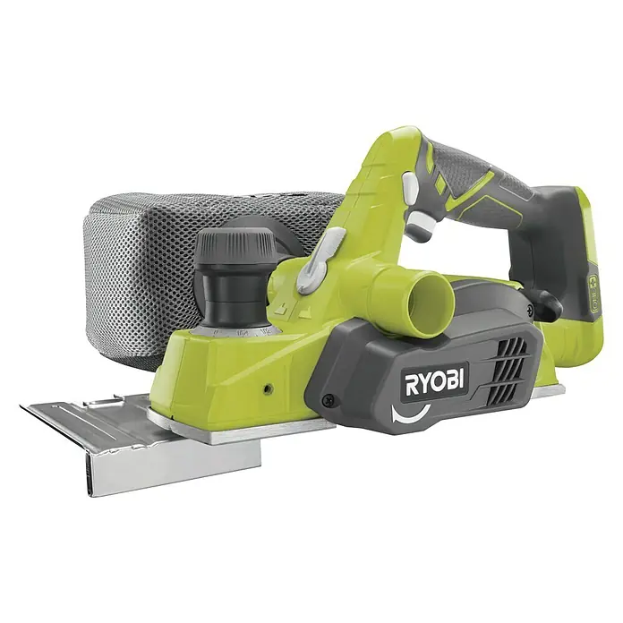 Ryobi ONE+ Cepilladora de mano de batería - 18 V, Iones de litio, Sin batería, Anchura del cepillo: 82 mm - Cepillo inalámbrico Ryobi para trabajos de madera de precisión. El cepillo cuenta con eyección de virutas y tope de profundidad.