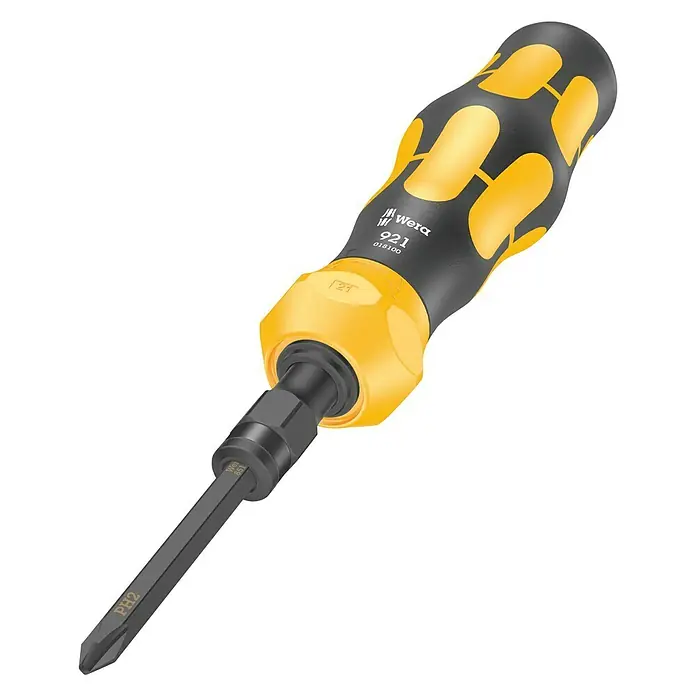 Wera Schraubendreher-Set Kraftform Kompakt - 19 -tlg. - Bild einer Wera 921 Bit-Knarre mit einem markanten gelb-schwarzen Griff und einem PH2-Bit, ideal für präzise Schraubarbeiten.