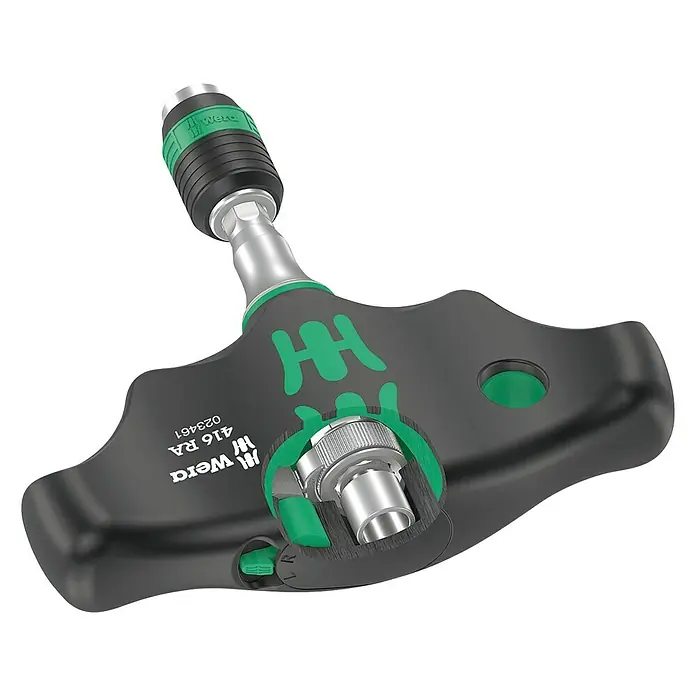 Wera Bit-Handhalterung 416 RA - ¼″ Außensechskant, Schnelldrehhülse, Rechts-/Linkslauf - Bild einer Wera 416 RA Knarre mit T-Griff, die hohe Drehmomente ermöglicht. Ideal für Schraubarbeiten mit minimalem Kraftaufwand.