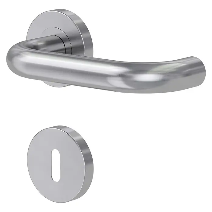 Diamond Doors Zimmertürgarnitur Vermont - Gebogen, Edelstahl, Buntbart - Nahaufnahme eines Türdrückers aus Edelstahl mit rundem Rosettendesign, ideal für moderne Innenräume.